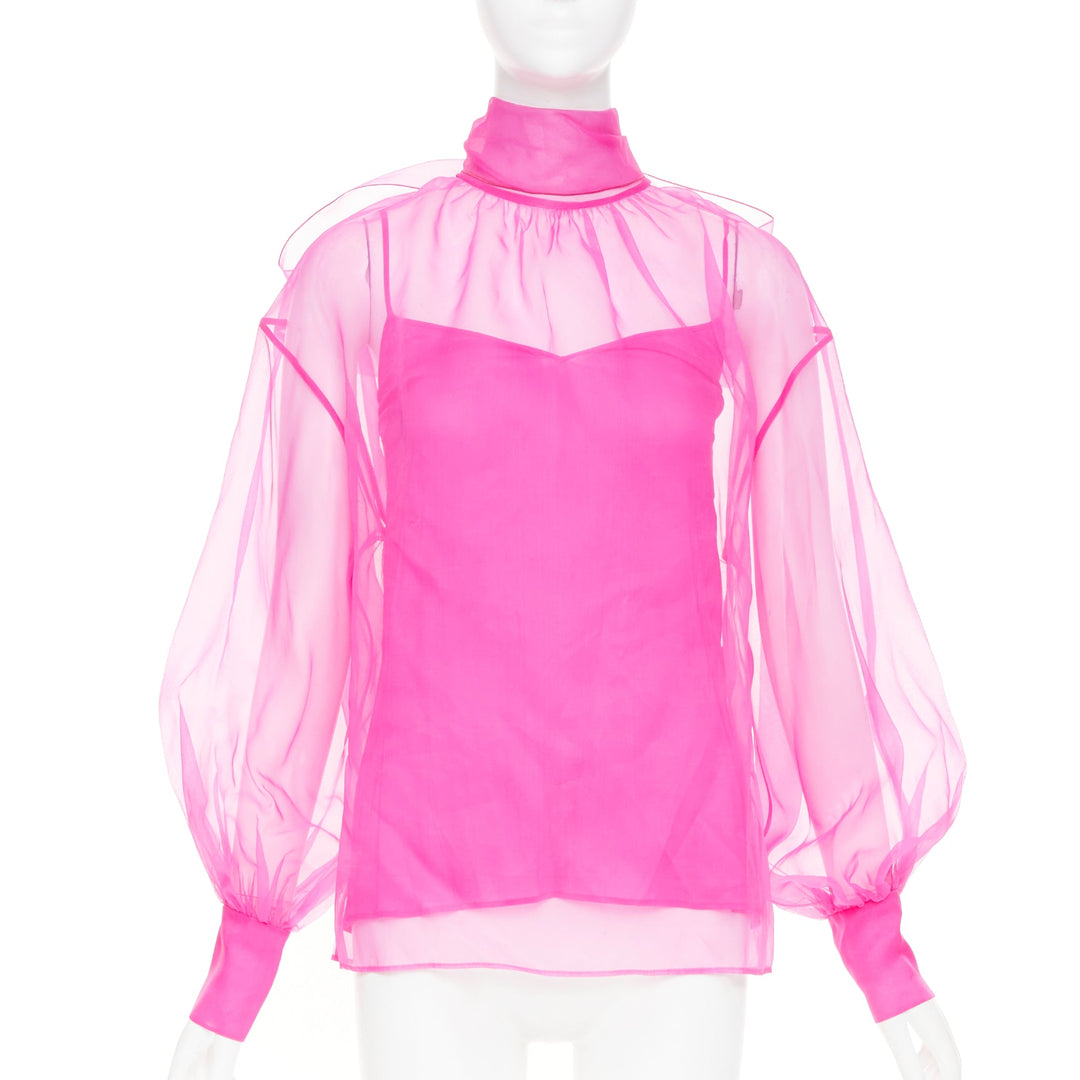 VALENTINO 2022 Runway Pink PP high neck sheer silk organza blouse shirt IT36 XXS
