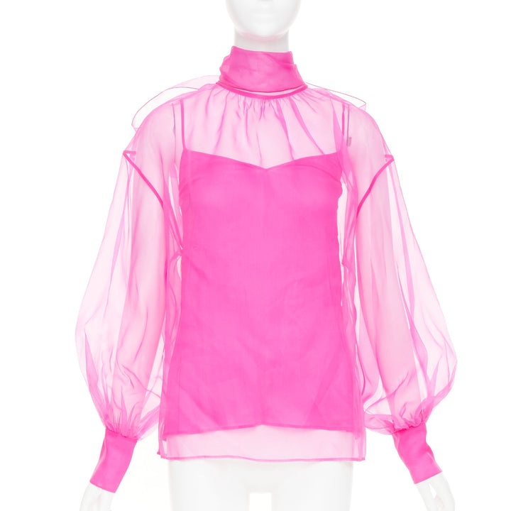 VALENTINO 2022 Runway Pink PP high neck sheer silk organza blouse shirt IT36 XXS