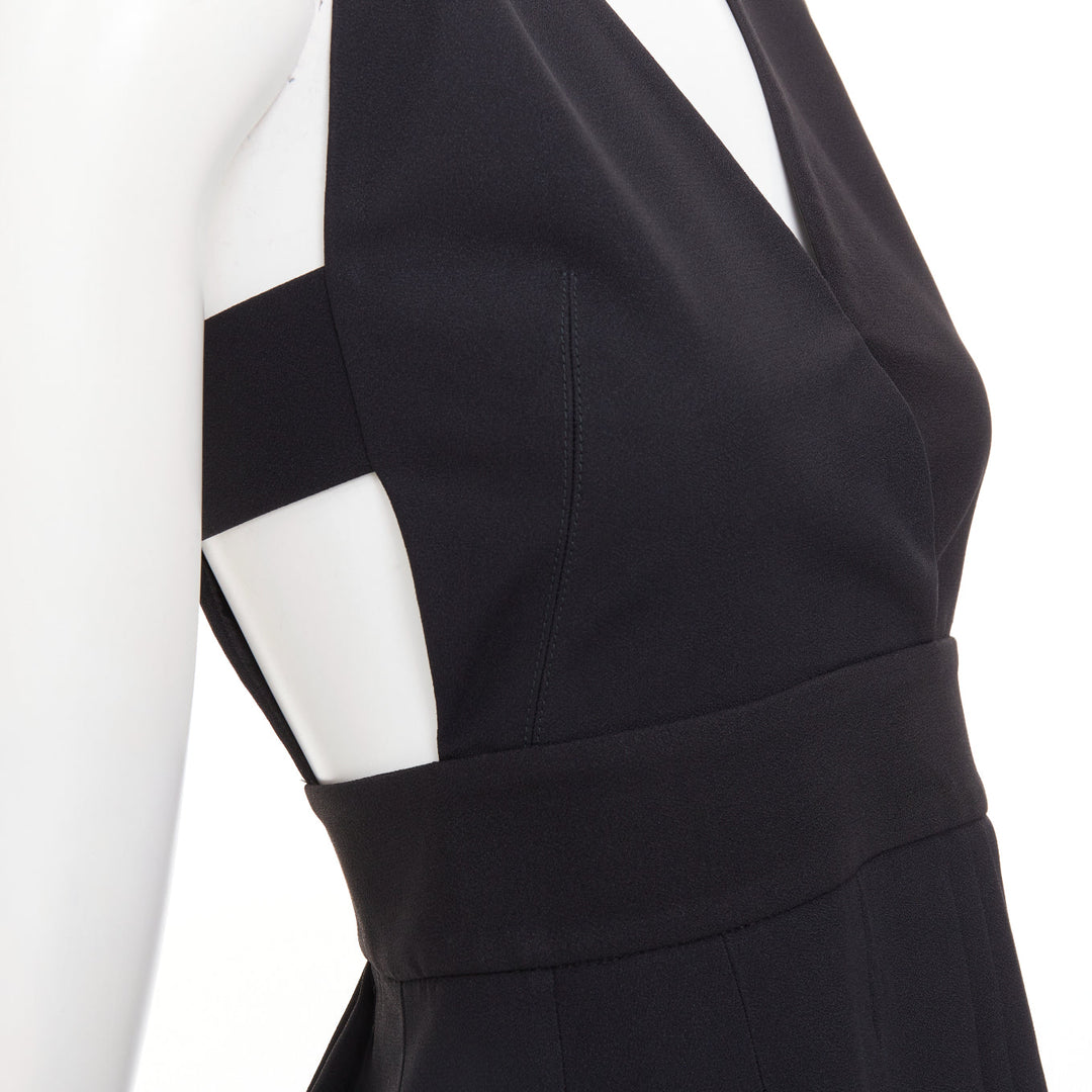 FAUSTO PUGLISI black crepe multi pleated cut out V neck mini dress IT38 XS