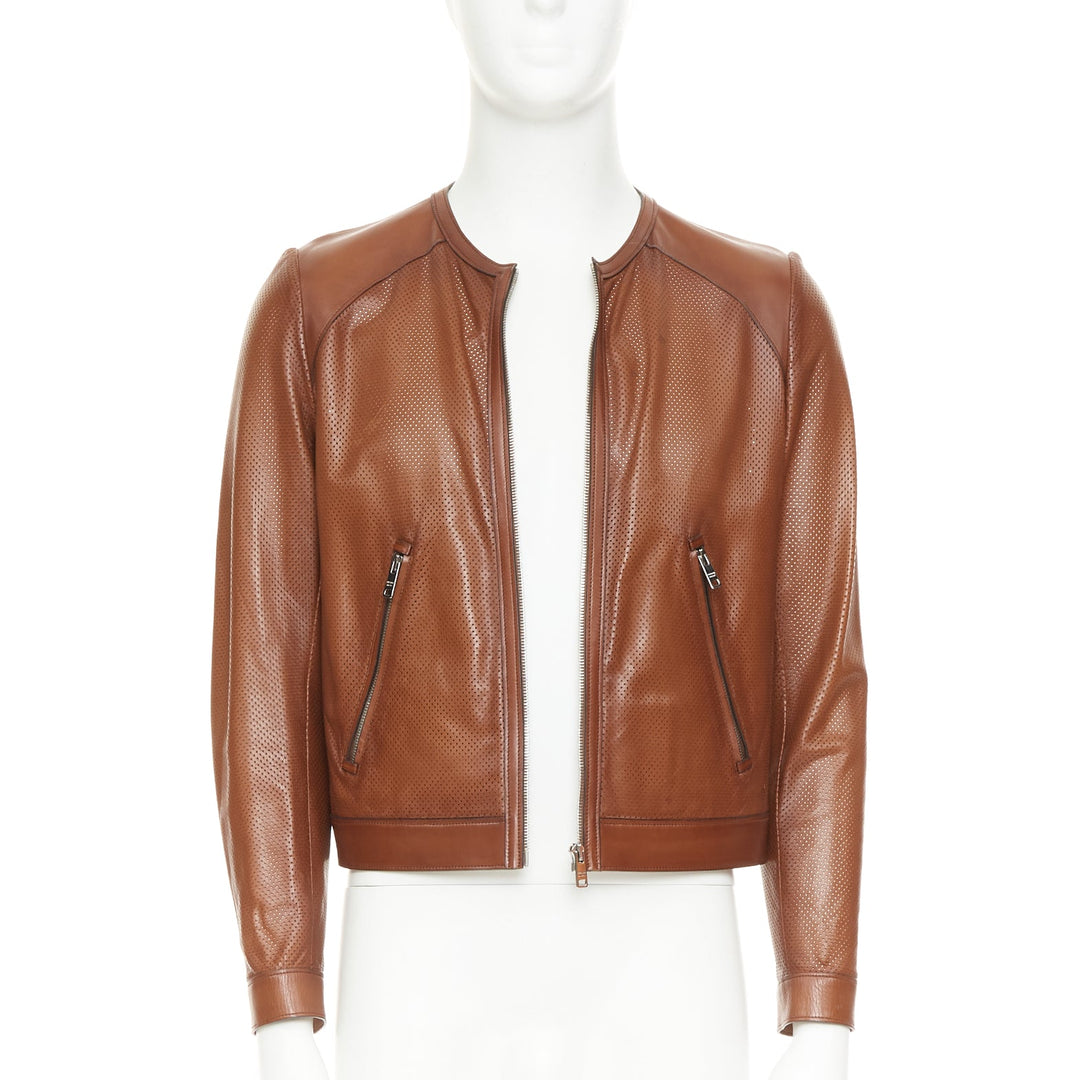 PRADA 2013 brown perforated lambskin leather zip collarless bomber jacket IT46 S