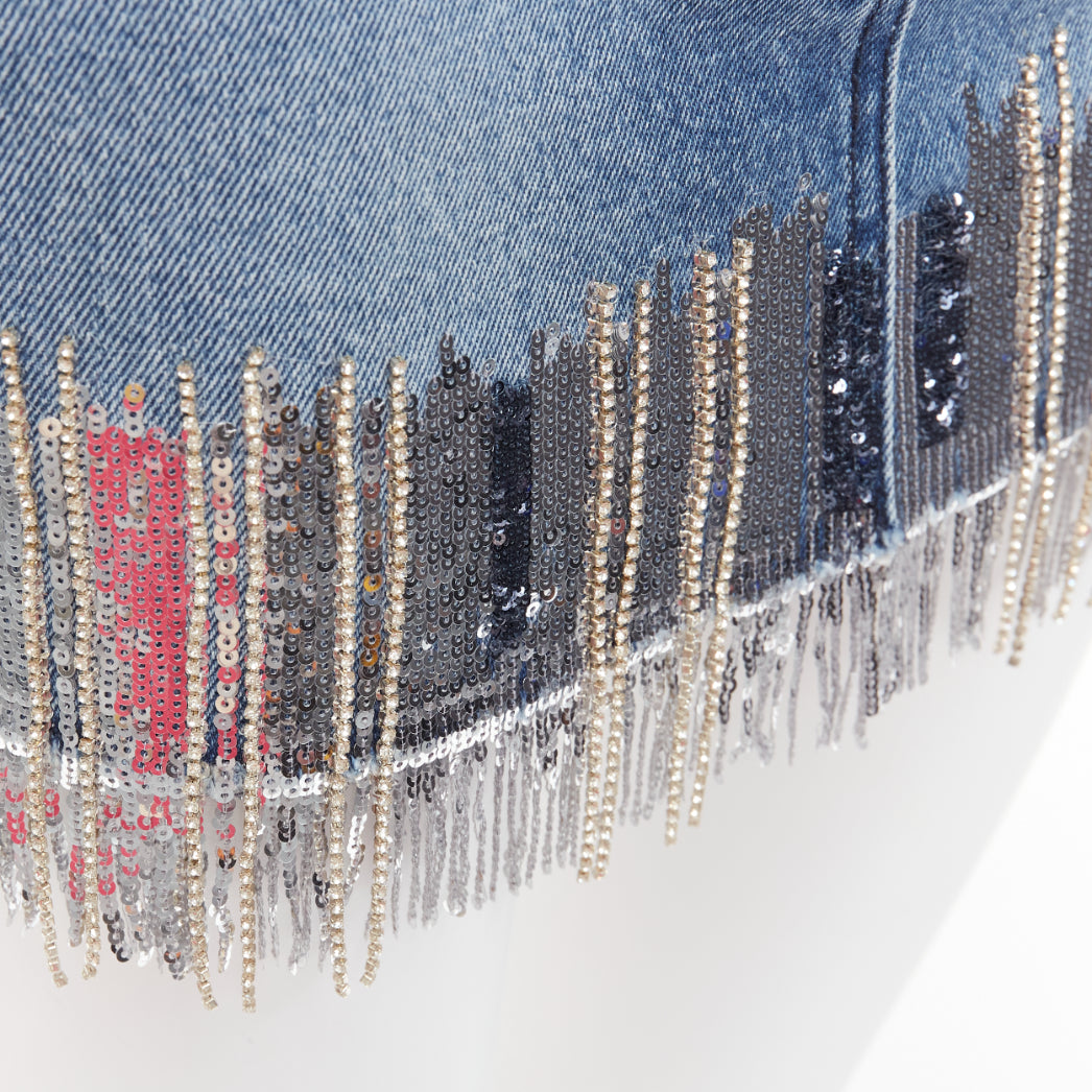 BALMAIN washed blue denim silver crystal sequins fringe mini skirt FR34 XS