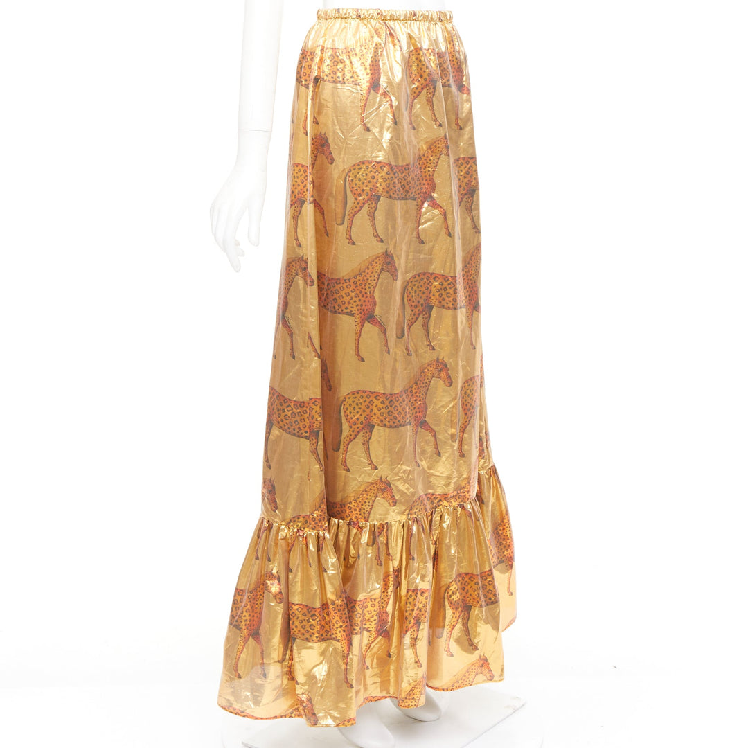 GUCCI 2016 horse metallic gold lurex cheetah animal ruffle maxi skirt IT38 XS