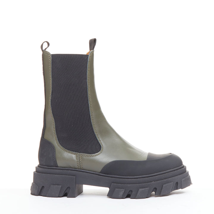 GANNI Kalamata army green leather black rubber elastic gusset chelsea boots EU39