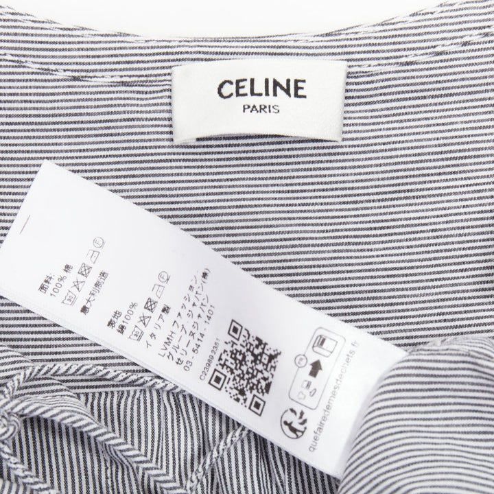 CELINE Romy grey white striped cotton voile lace up front anagram blouse FR36 S