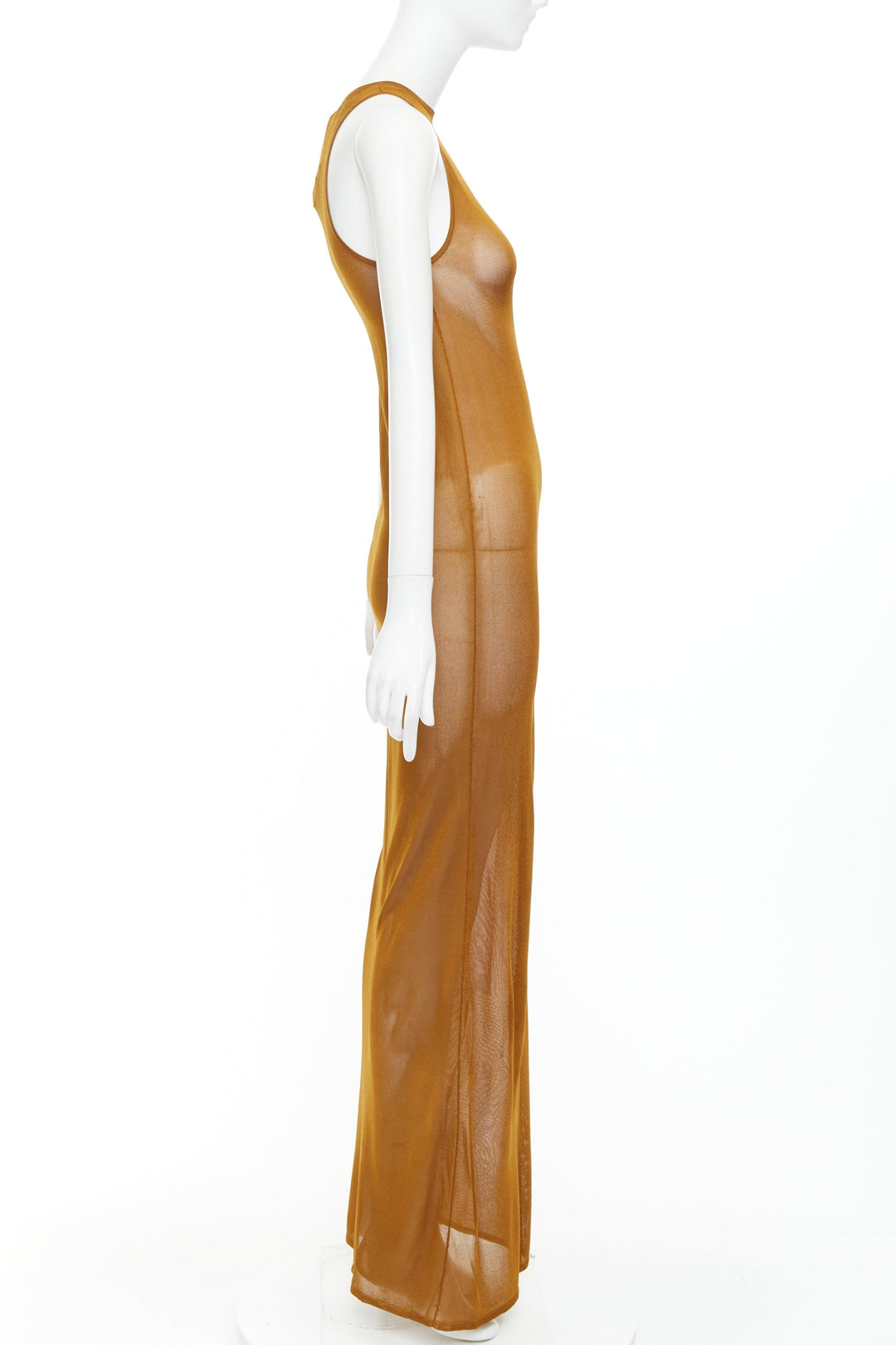 SAINT LAURENT 2022 warm brown slinky viscose semi sheer knit maxi tank dress S