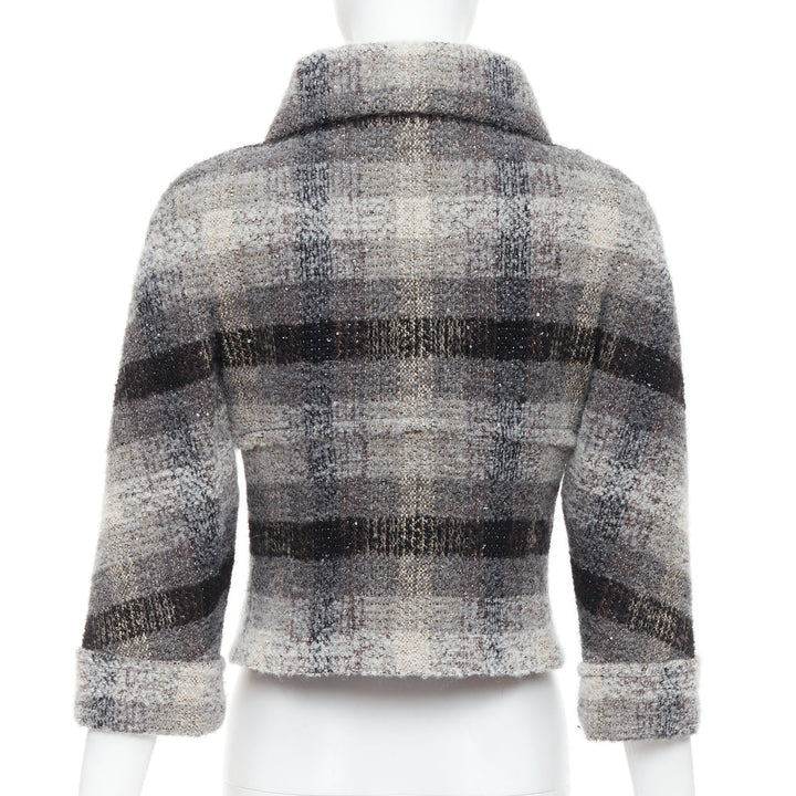 CHANEL 18B Fantasy tweed grey checked sequinned wool crop jacket FR38 M