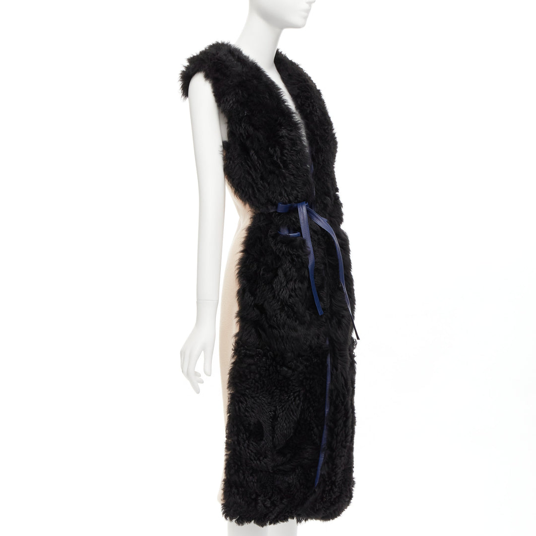 MARNI black lamb shearling fur blue leather belted belt IT38 XS