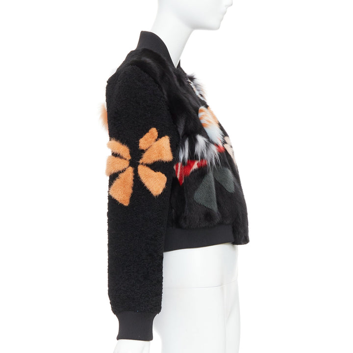 FENDI black floral fur leather lined cropped bomber jacket IT40 S