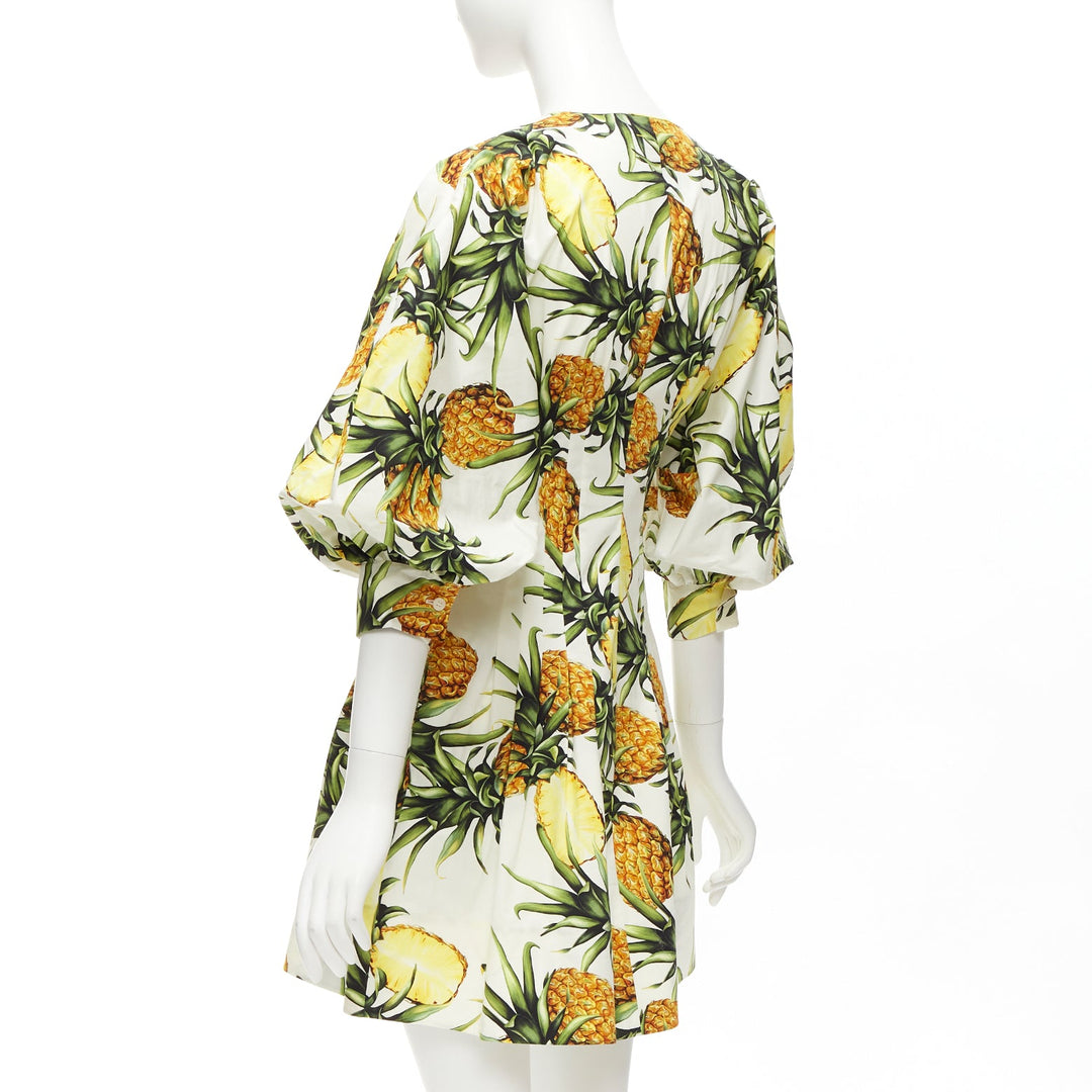 OSCAR DE LA RENTA 2021 yellow white pineapple print puff sleeve dress US2 S