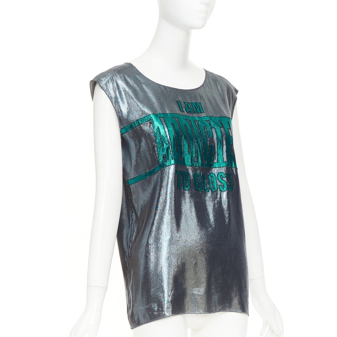 LANVIN 2014 Runway I Am Addicted To Gloss metallic green silver silk lame vest S