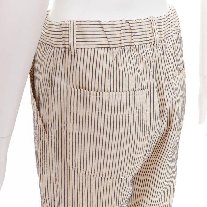 CHRISTIAN DIOR beige navy silk cotton striped cropped wide pants FR36 S