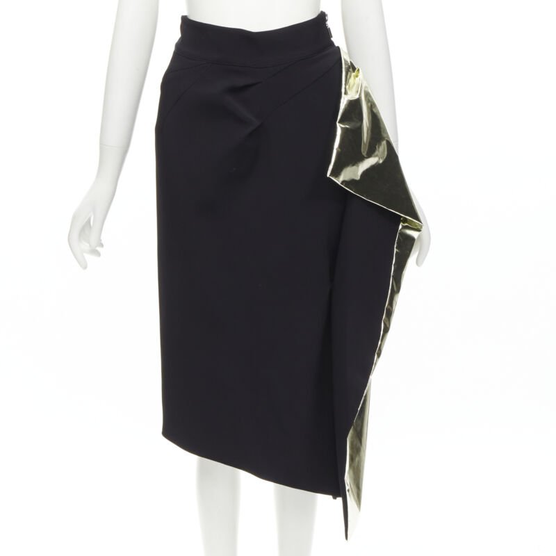 MATICEVSKI Alkali gold foil pleated 3D drape high waisted midi skirt AUS10 S