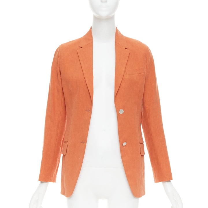 HERMES orange 100% linen logo buttons dual button blazer jacket FR34 XS