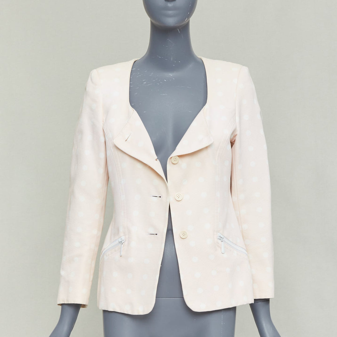 ESCADA Vintage pink cream polka dot cotton power shoulder blazer jacket IT36 XXS