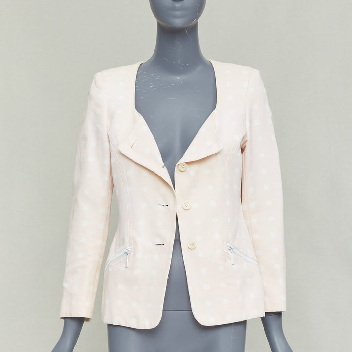 ESCADA Vintage pink cream polka dot cotton power shoulder blazer jacket IT36 XXS