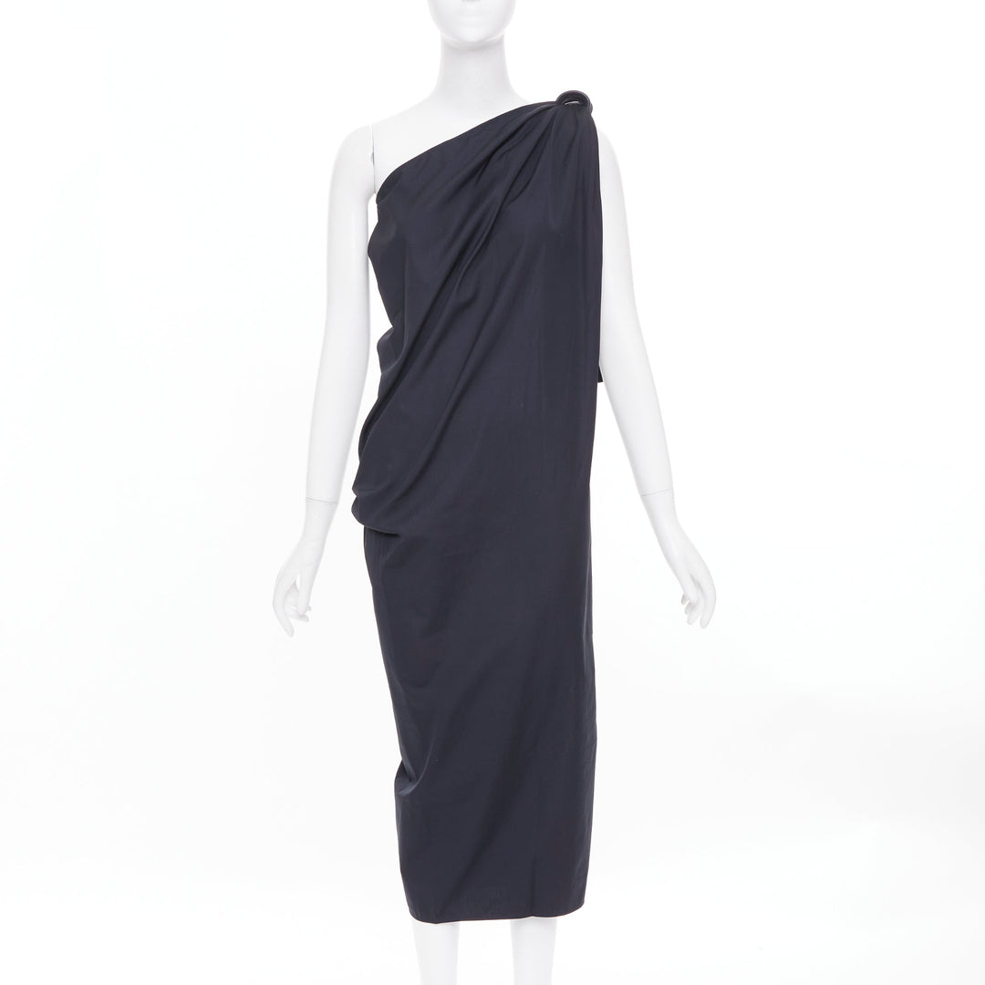 MAX MARA Sfilata black asymmetric draped cotton leather trim midi dress IT36 XXS
