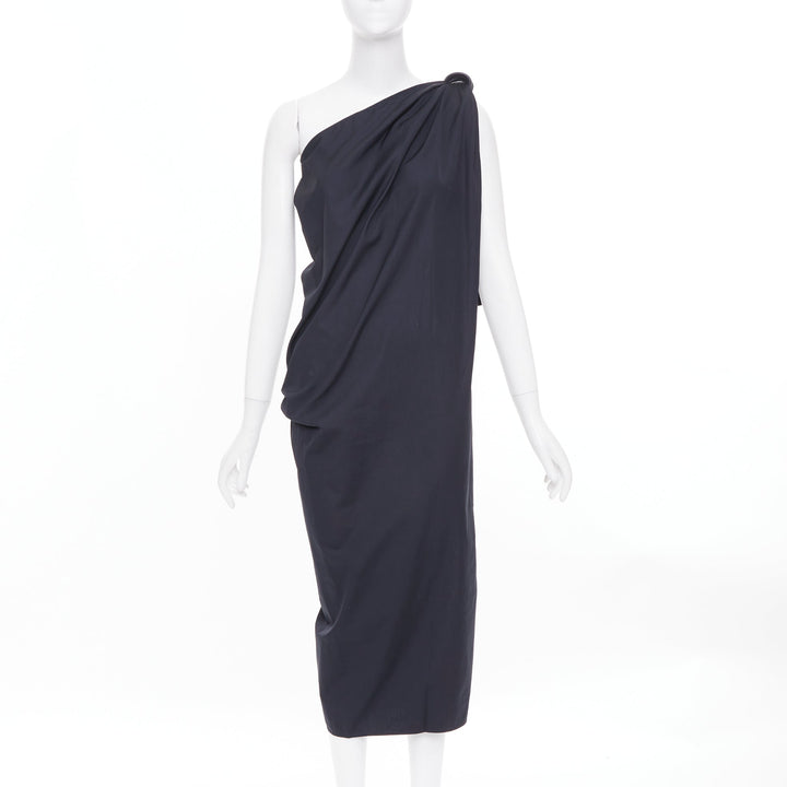 MAX MARA Sfilata black asymmetric draped cotton leather trim midi dress IT36 XXS