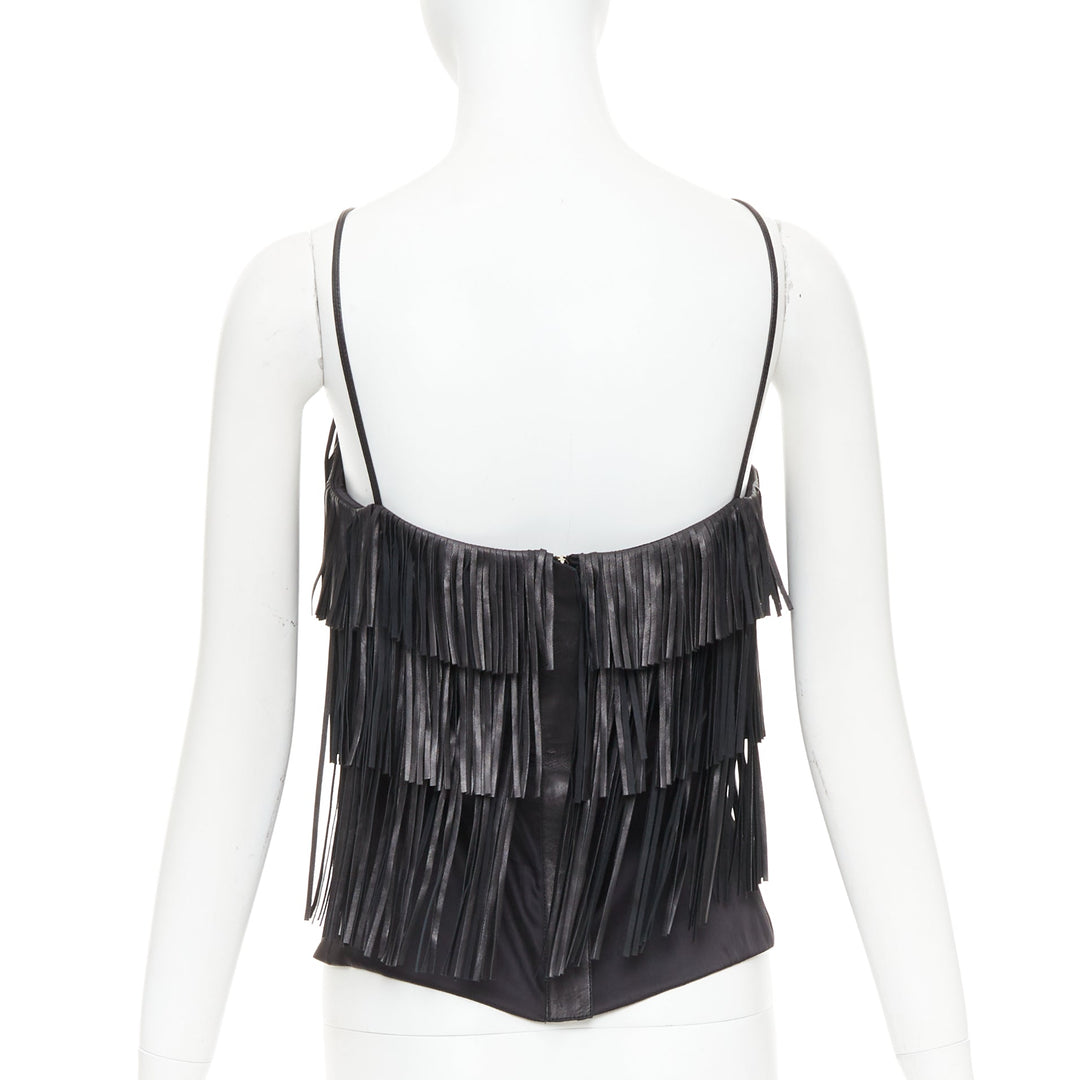 JITROIS black fringed lambskin leather silk blend lined flapper top FR38 M