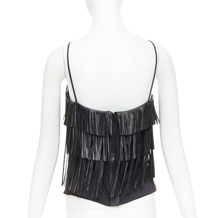 JITROIS black fringed lambskin leather silk blend lined flapper top FR38 M