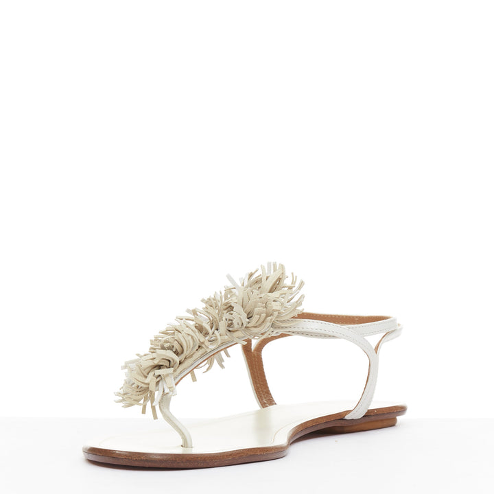 AQUAZZURA off white fringe trim T bar strap flat sandals EU37