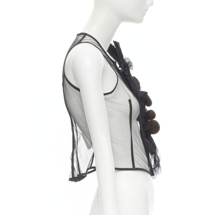 Runway COMME DES GARCONS 2004 black sheer mesh jewel embellishment ruffle vest S