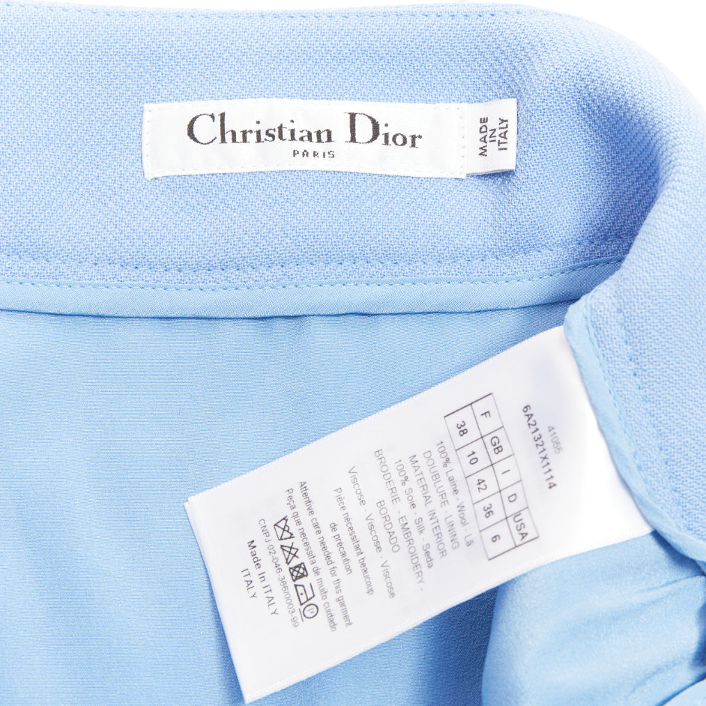CHRISTIAN DIOR powder blue wool crepe floral cutout embroidered hem skirt FR38 M