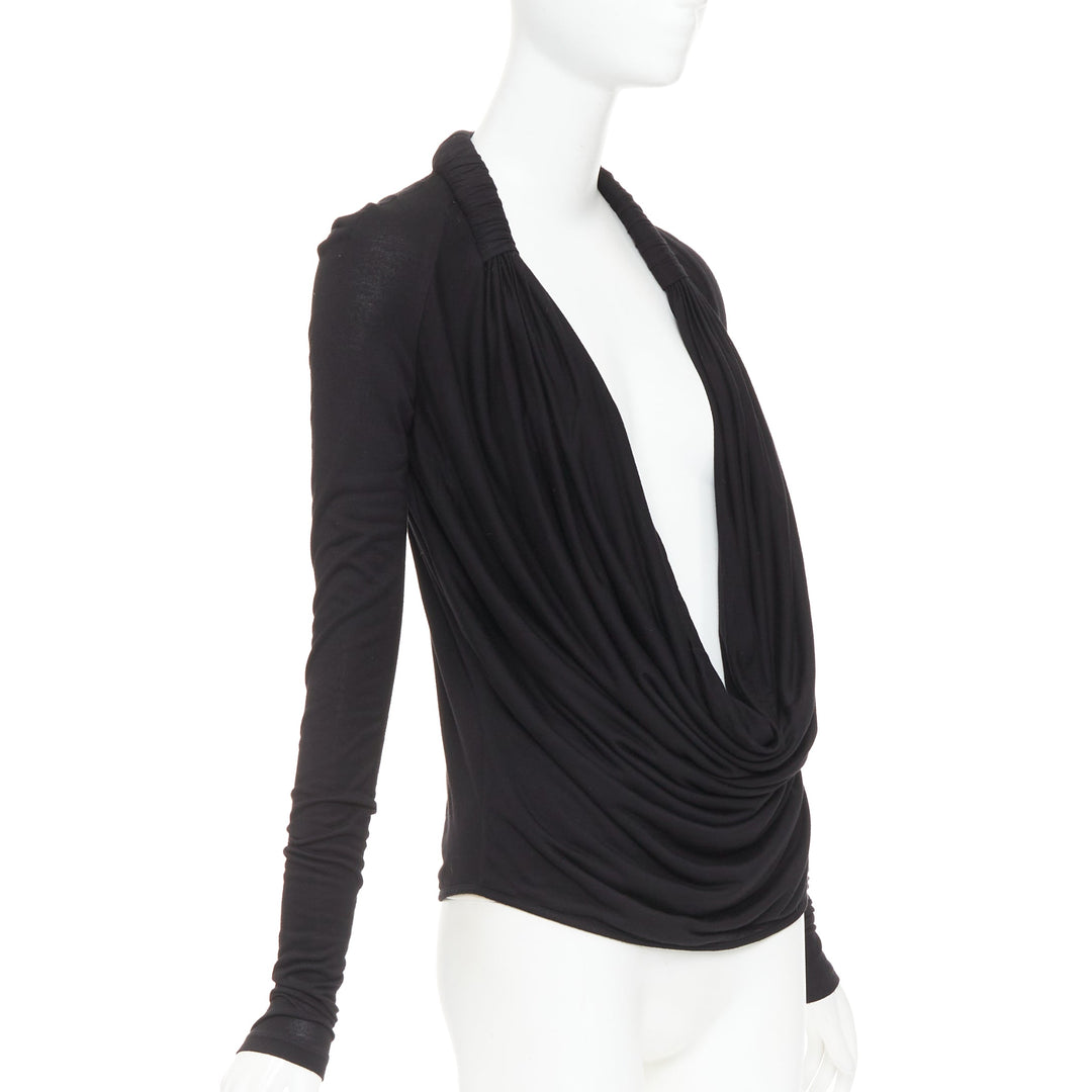 GIVENCHY black draped plunge cowl neck twist rope long sleeves top