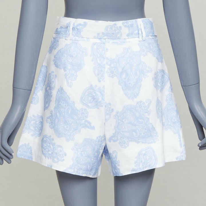 KEEPSAKE white blue linen paisley print cotton lined belted shorts S