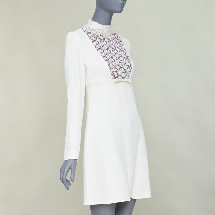 GIAMBATTISTA VALLI cream wool crepe purple floral lace bib mini dress IT42 S