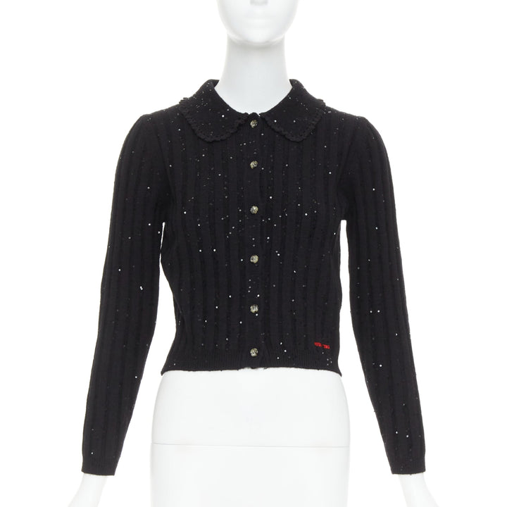 SHUSHU TONG black sequins wool cotton blend logo crop cardigan UK6 XS