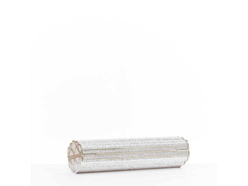 JUDITH LEIBER silver crystal encrusted metal clasp chained minaudiere clutch bag