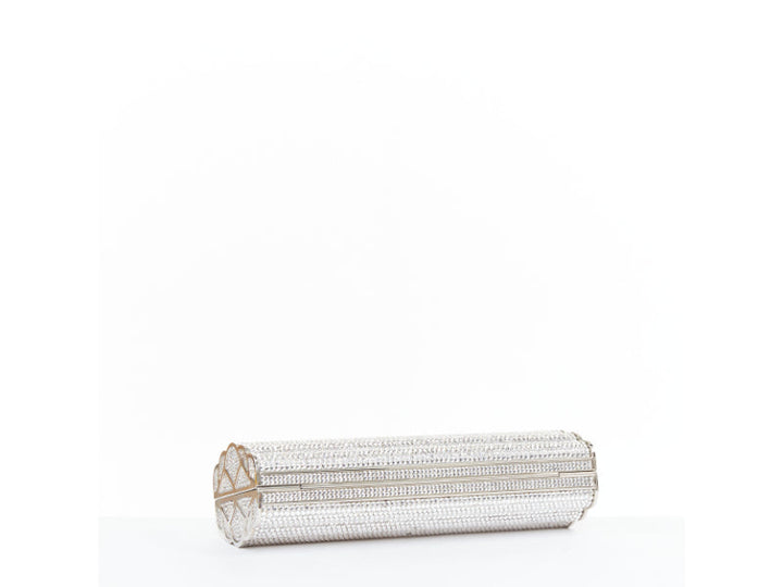 JUDITH LEIBER silver crystal encrusted metal clasp chained minaudiere clutch bag