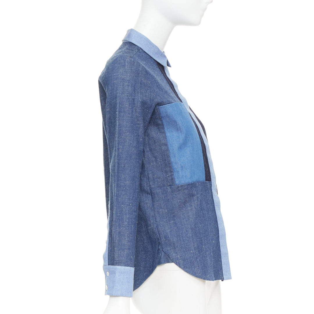 OLD CELINE Phoebe Philo 2011 Runway blue patchwork denim button-up shirt FR36 S