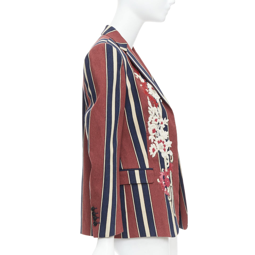 DRIES VAN NOTEN burgundy navy striped floral beaded wool linen blazer FR36 S