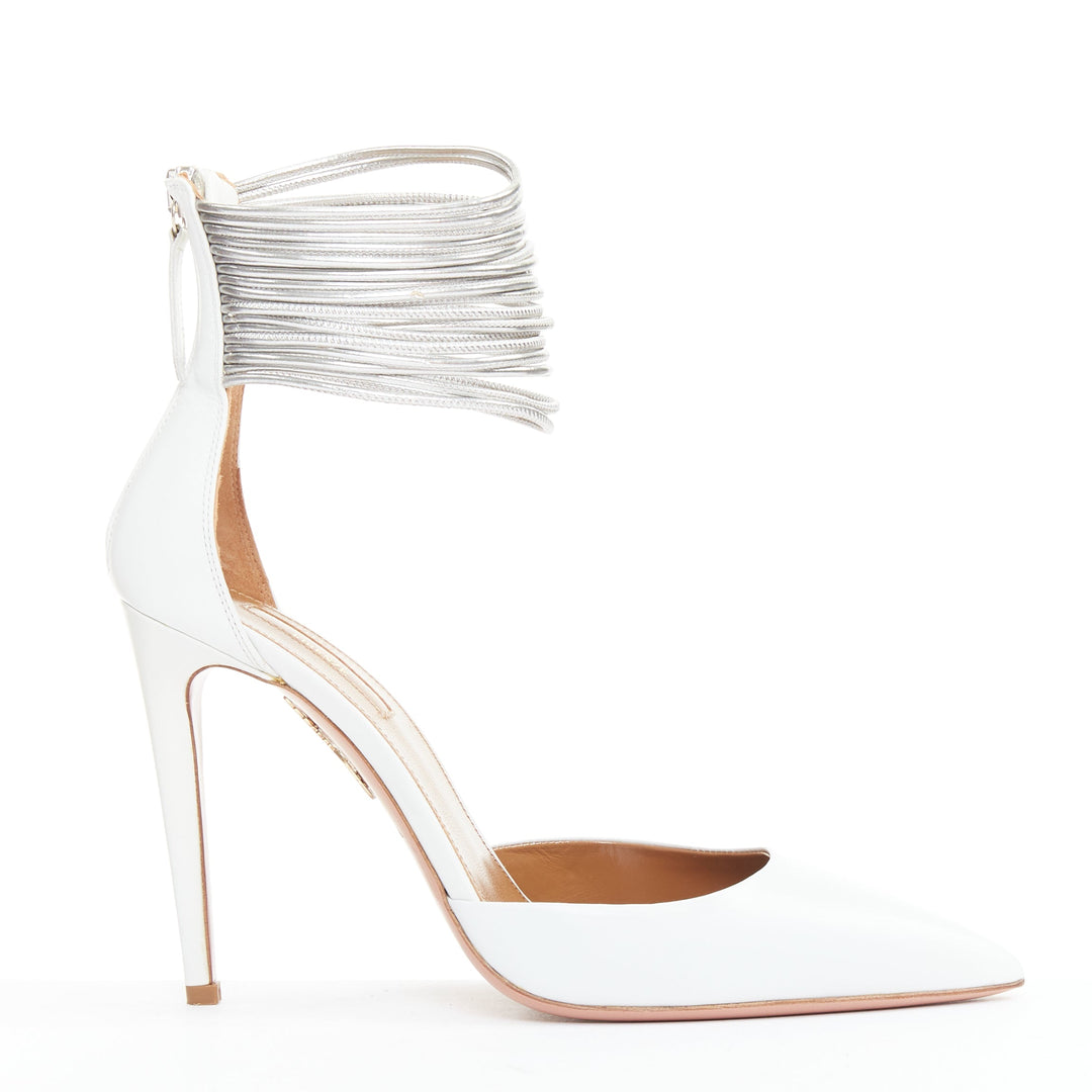 AQUAZZURA Hello Lover 105 white calf silver corded ankle strap pumps EU37.5