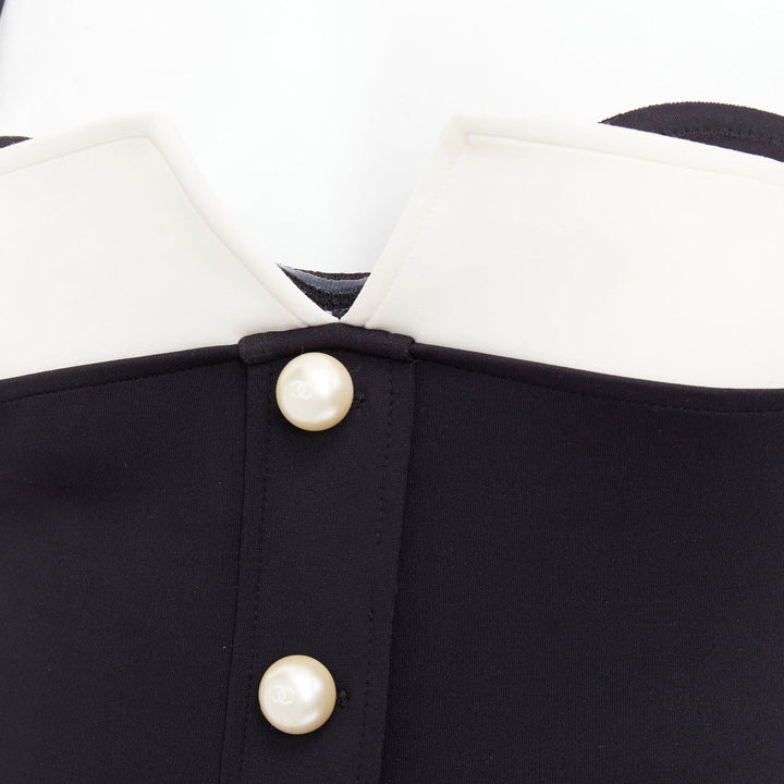 CHANEL white logo faux pearl black white collared halter one pc swimsuit FR34 XS
