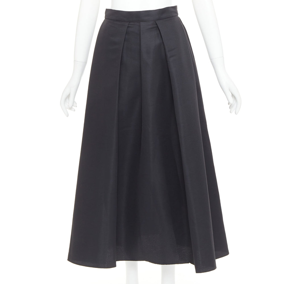 SACHIN AND BABI Leighton black satin crepe box pleat tea flared skirt US2 S