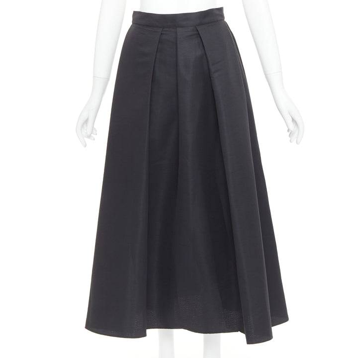 SACHIN AND BABI Leighton black satin crepe box pleat tea flared skirt US2 S