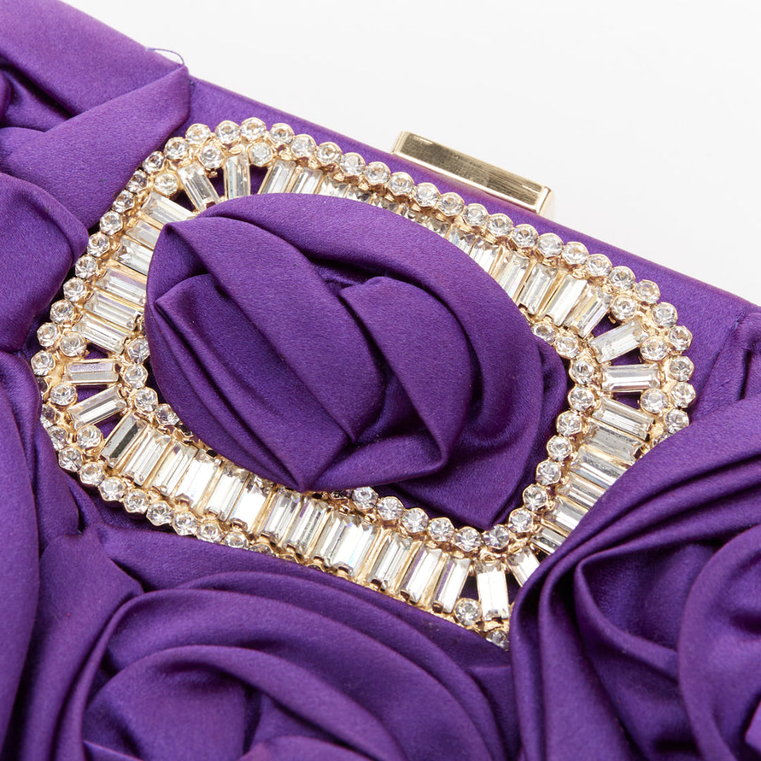 ROGER VIVIER purple satin 3D rose ruffle applique crystal buckle clutch bag