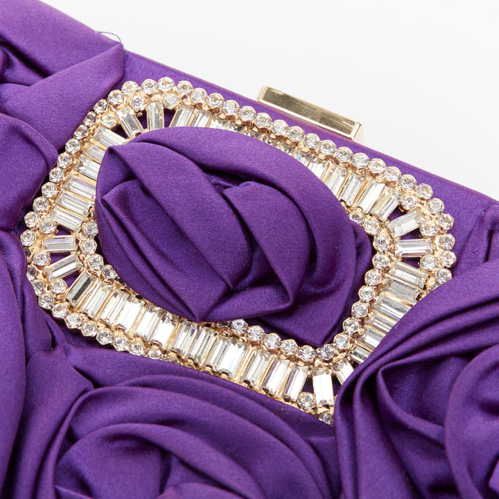 ROGER VIVIER purple satin 3D rose ruffle applique crystal buckle clutch bag