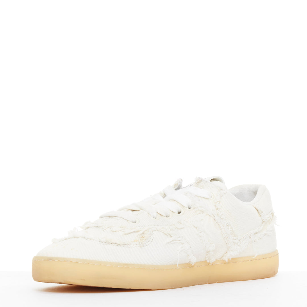 MIU MIU Denim beige raw cut frayed canvas skateboard sneakers EU37