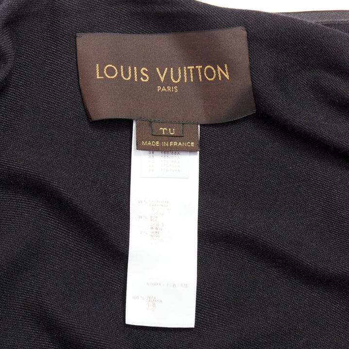 LOUIS VUITTON blue cashmere blend black leather tassel LV logo poncho