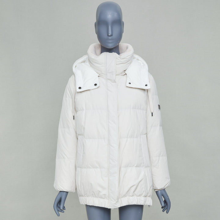 BRUNELLO CUCINELLI white puffer hooded cashmere trim down coat jacket IT40 S