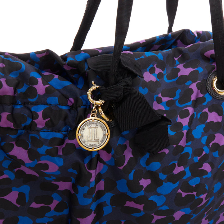 LANVIN blue purple leopard print black bow strap shoulder tote bag