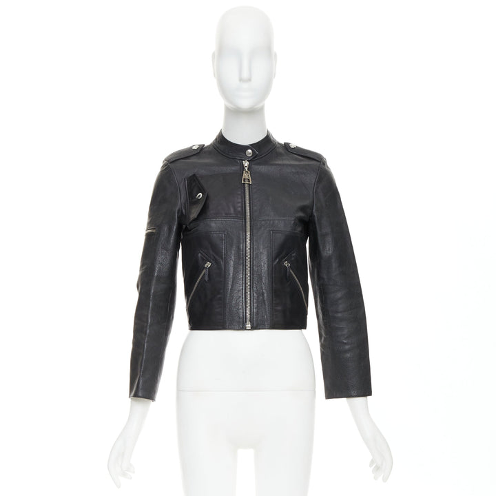 LOUIS VUITTON black goatskin leather LV zip cropped biker jacket FR36 S