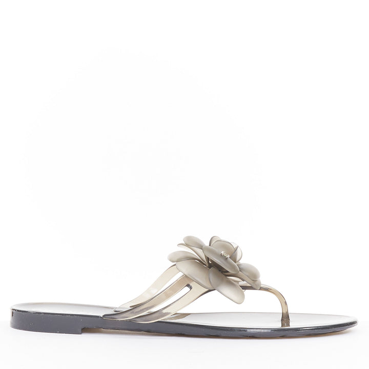 CHANEL gray clear Camellia flower open toe rubber thong flat jelly sandals EU38