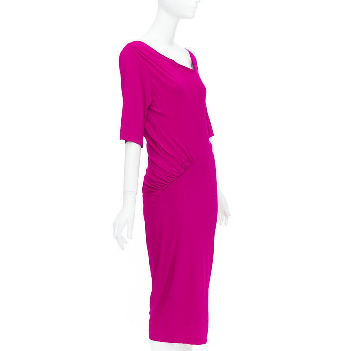 DONNA KARAN berry pink asymmetric neck tuck draped midi dress L