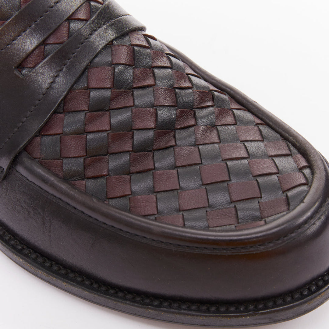 BOTTEGA VENETA Intrecciato black burgundy woven leather penny loafers EU43