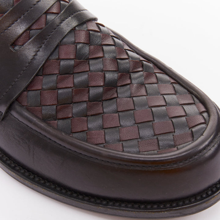 BOTTEGA VENETA Intrecciato black burgundy woven leather penny loafers EU43