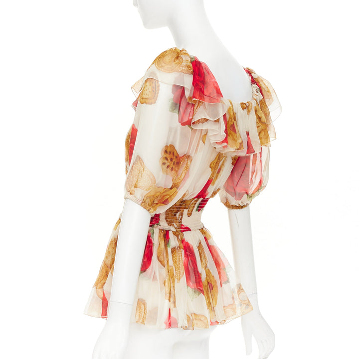 DOLCE GABBANA 2018 Cookie Rose print smocked ruffle sheer silk top IT38 XS